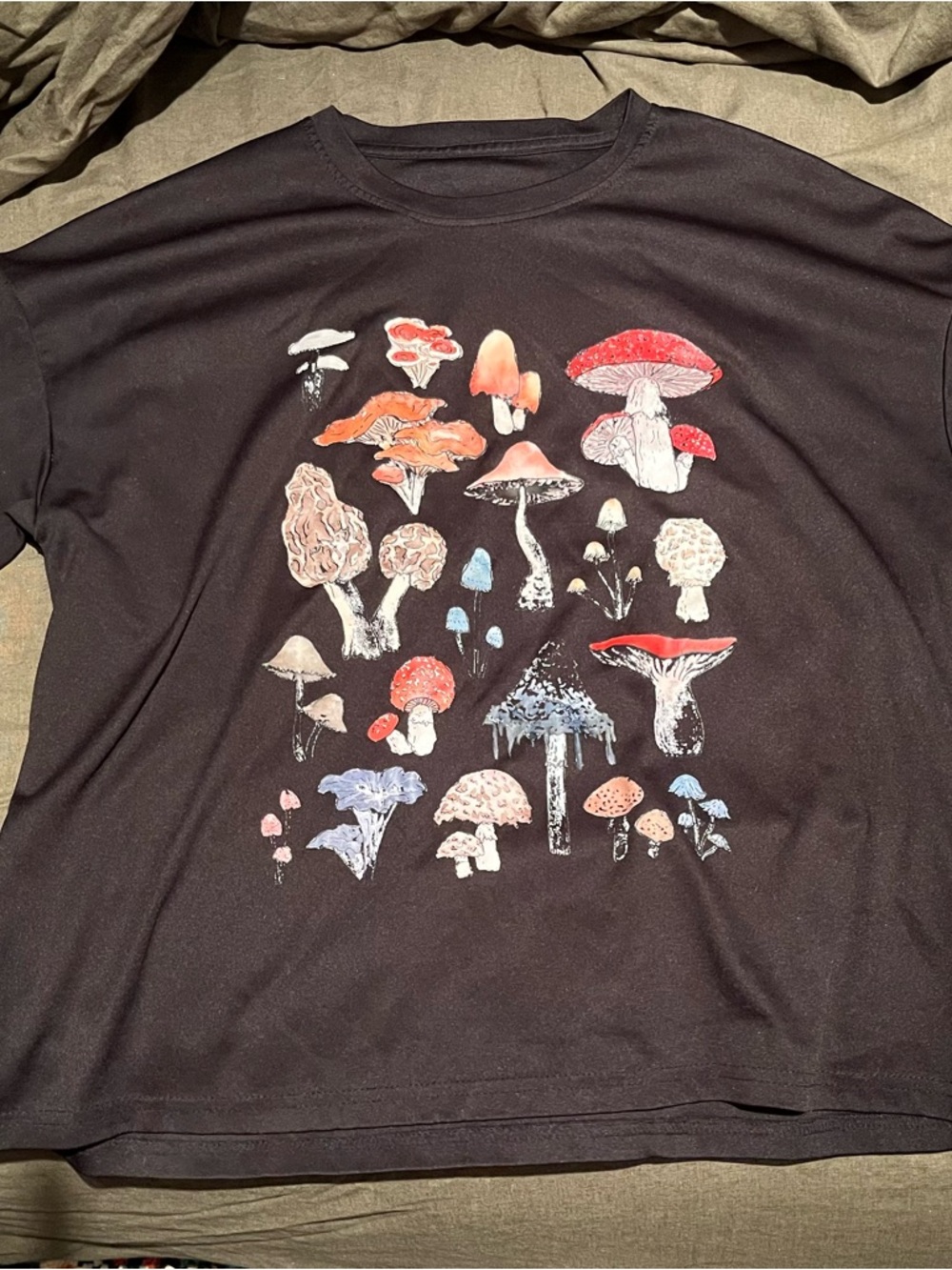 Black T‑Shirt with Colorful Mushroom Print